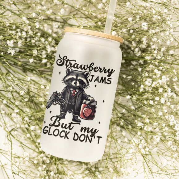 Strawberry Jams, But My Glock Don't Western, Funny Raccoon Cup, Glass Tumbler - Picture 3 of 6
